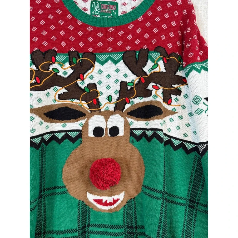 Ugly Christmas Sweater Co Reindeer Peppermint‎ Plaid Knit Pullover Green 3XB